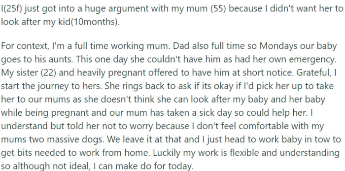 A disagreement erupted between OP and her mother when OP expressed her reluctance to have her mother look after her 10-month-old child