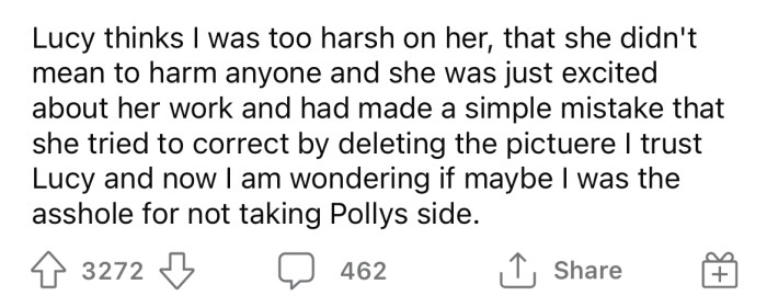 Now the OP is wondering if she's the a**hole here.