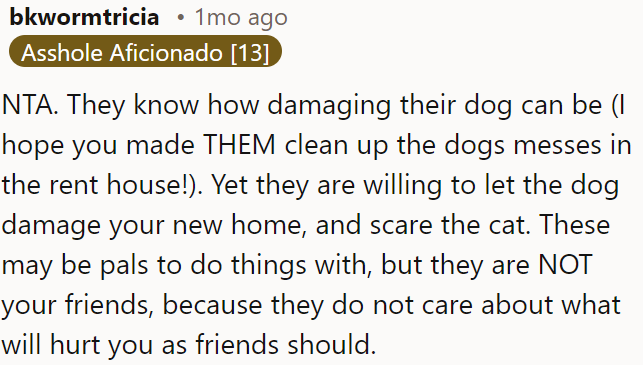 They're not true friends if they're willing to let their dog damage OP's home and scare her cat.