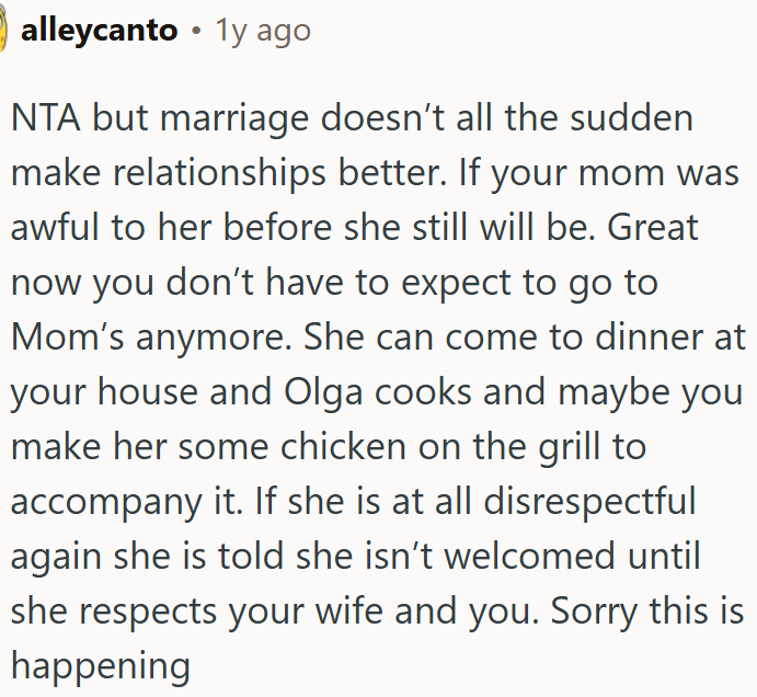 OP needs to set boundaries and not let his mom disrespect his wife again.