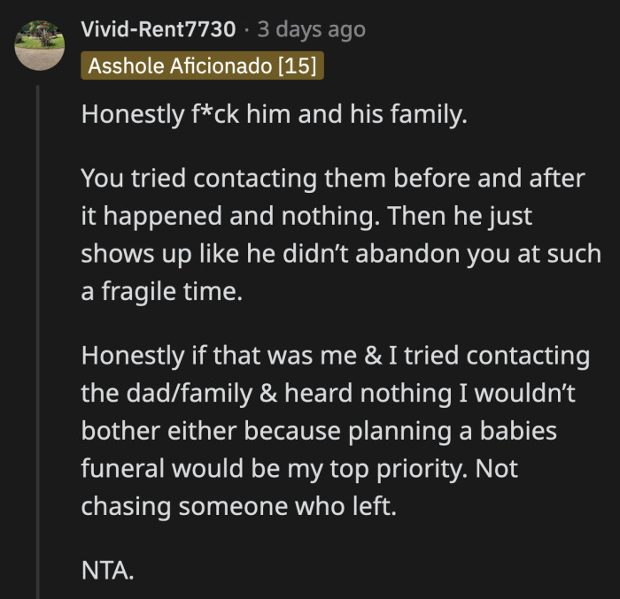 Lewis lost his standing in OP's life the moment he abandoned her and their baby