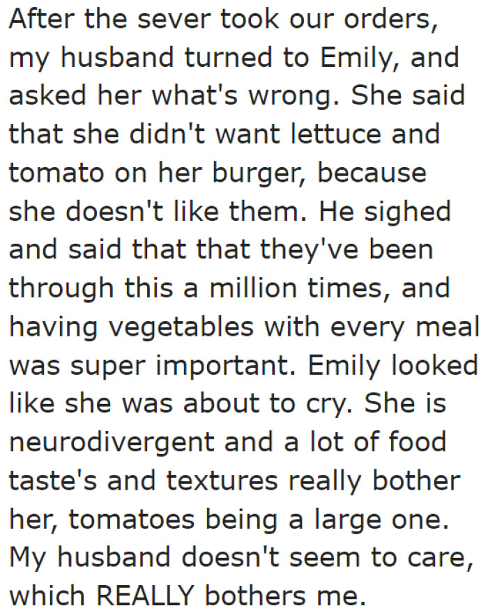 The OP's husband insists that his daughter needs to eat the hamburger with vegetables.