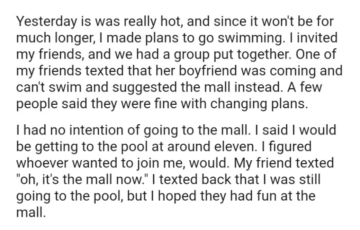 One of the OP's friends texted that her boyfriend was coming and can't swim