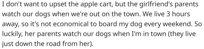 OP thought he and his girlfriend were very lucky to have someone watch their dogs
