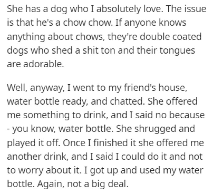 The friend has a dog, but he's a chow chow, and those dogs shed a lot