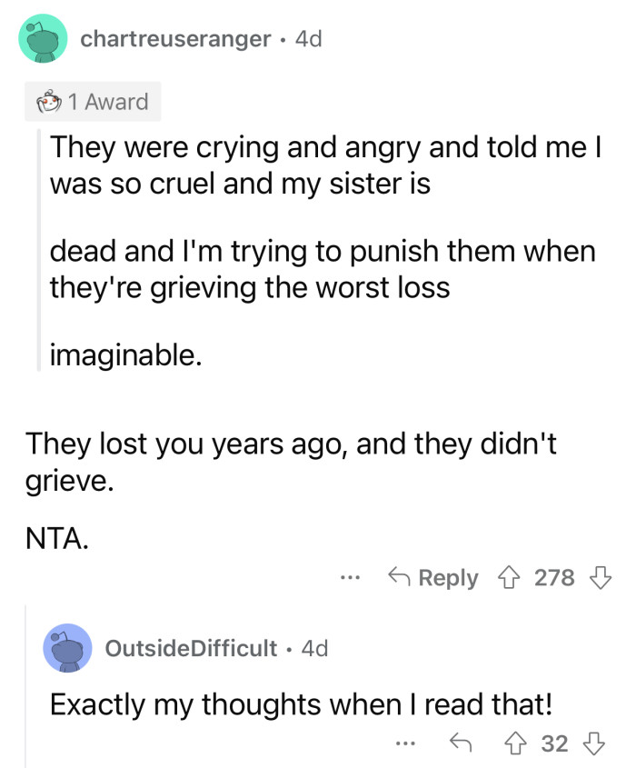 OP's parents didn't care when they lost her.