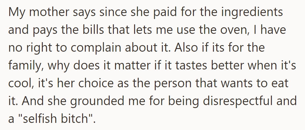 The mother claimed financial authority, ate the cheesecake hot, and grounded OP for disrespect.
