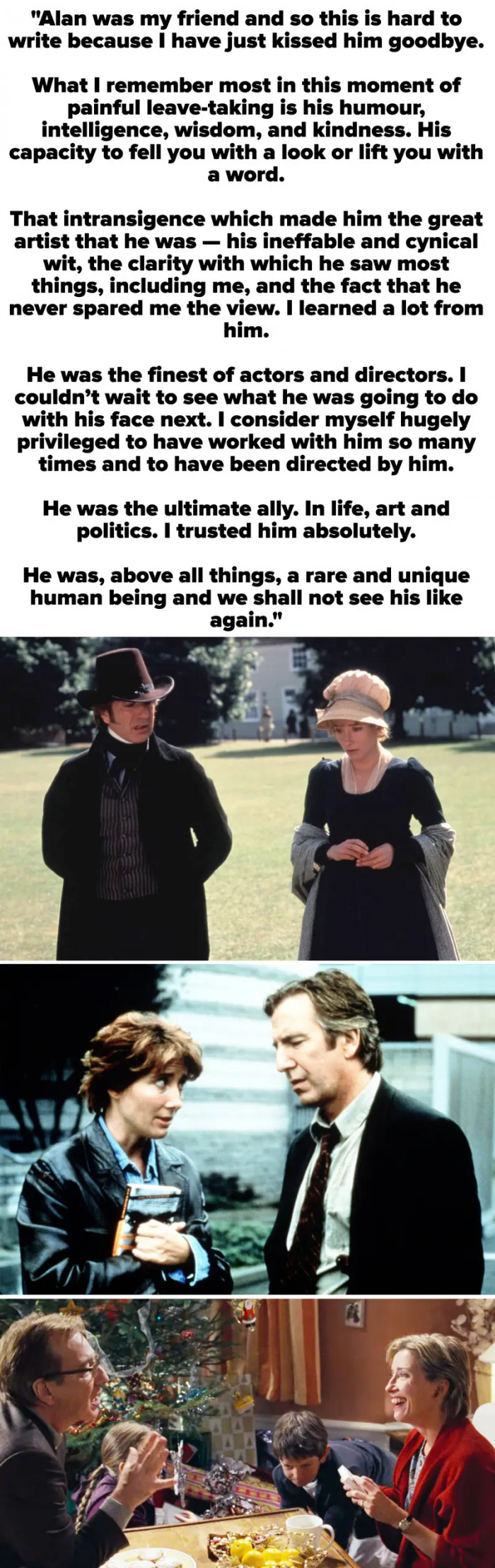 27. When Emma Thompson wrote this heartfelt tribute to Alan Rickman after he died in 2016.