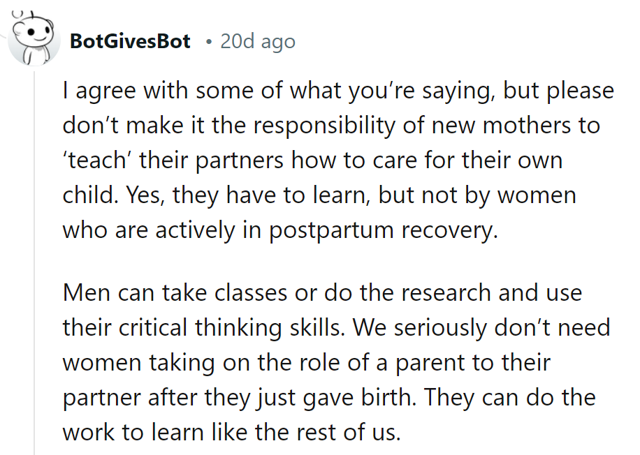 No postpartum parenting boot camp for moms! Dads, hit the books and step up.