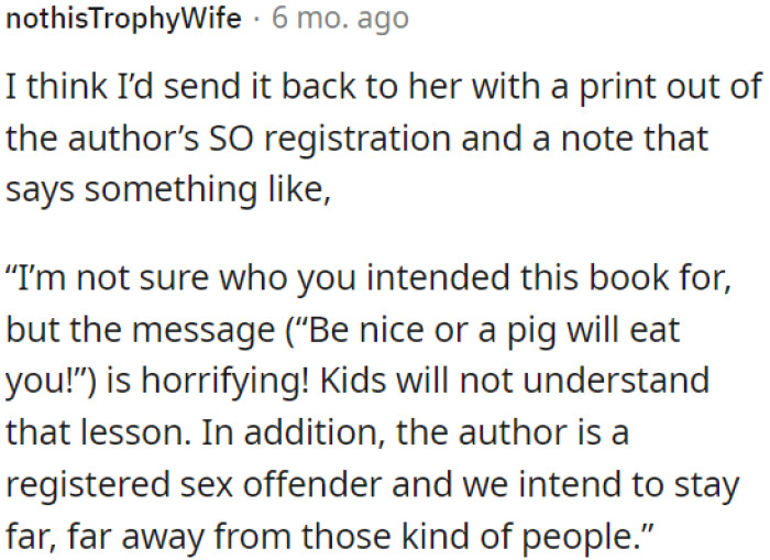 OP needs to return the book due to its inappropriate content for children.