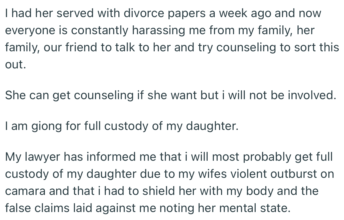 OP Served His Wife Divorce Papers Shortly After Leaving the Police Station