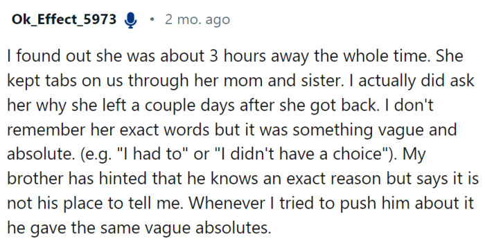 OP doesn't know why she left.