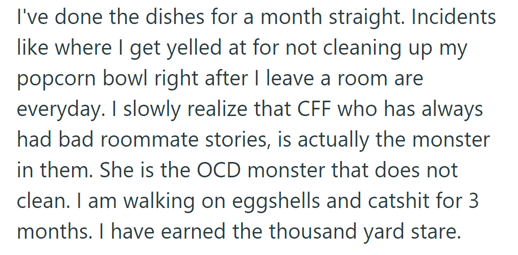 For a month, OP has done all the dishes. Constant criticism over minor messes reveals CFF's true nature.