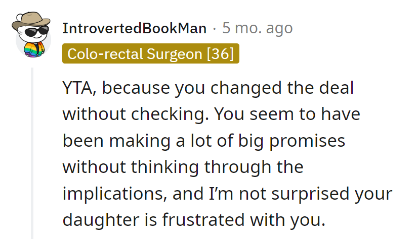 Making promises without a game plan is like playing chess blindfolded. No wonder the daughter's frustrated—check and mate.