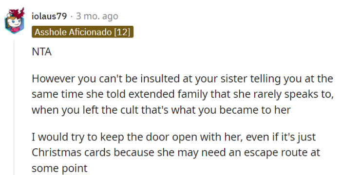 The simultaneous announcement might sting, but it's a wake-up call from the cult mindset. Keeping the door ajar with Christmas cards is like leaving a secret escape route in the holiday spirit.