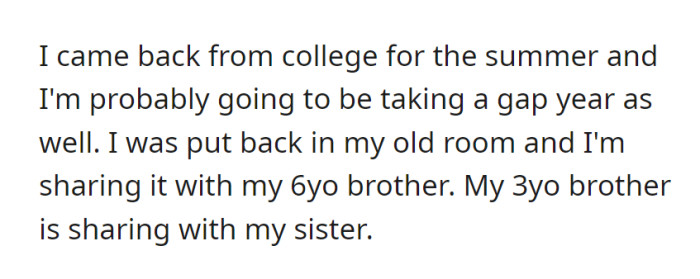 After returning from college for the summer and contemplating a gap year, OP found herself sharing her old room with her 6-year-old brother, while her 3-year-old brother shared a room with their sister.