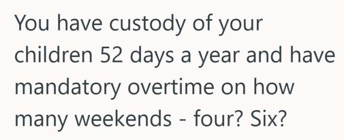 Breaking it down by days and weekends gives the argument a spreadsheet energy that is hard to argue with.