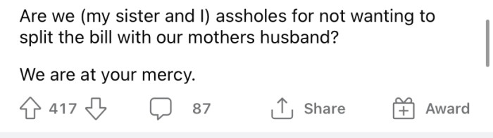 Now the OP is wondering if she's being the a**hole for not wanting to split the bill.