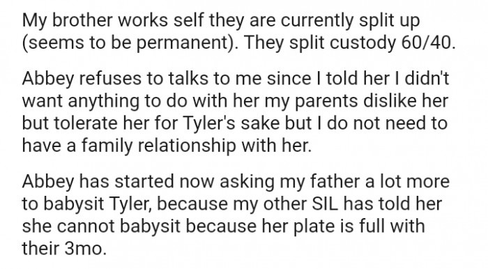 Abbey starts asking the OP's father to babysit Tyler