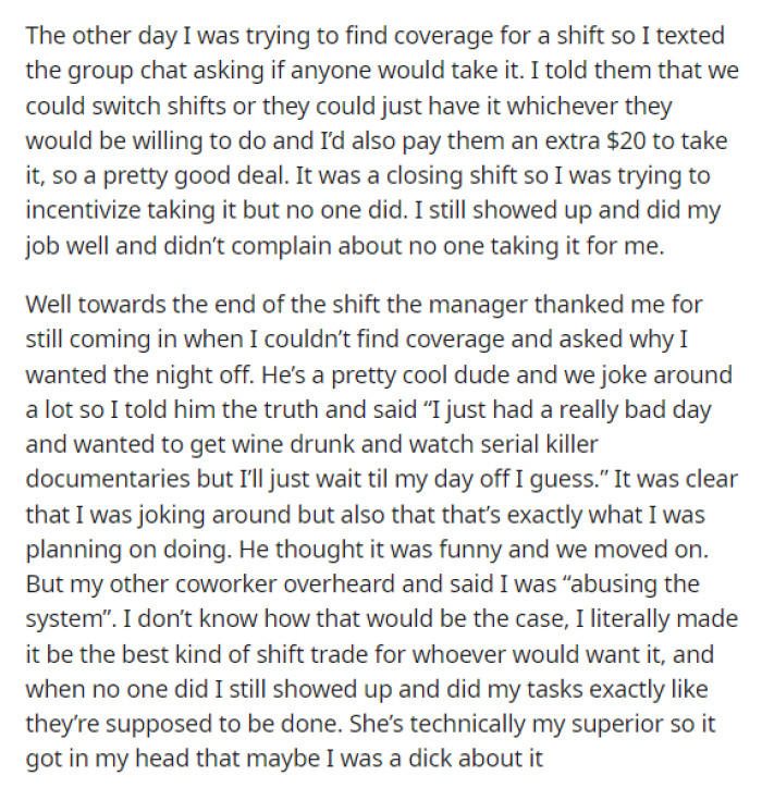 OP explains the situation quickly and simply and gives us all the details we need to make a decision on how we feel.