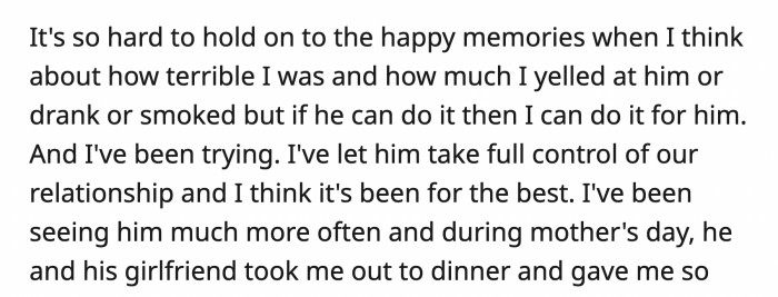 It seems like their relationship is slowly improving, and OP has fully committed to bettering herself for her son