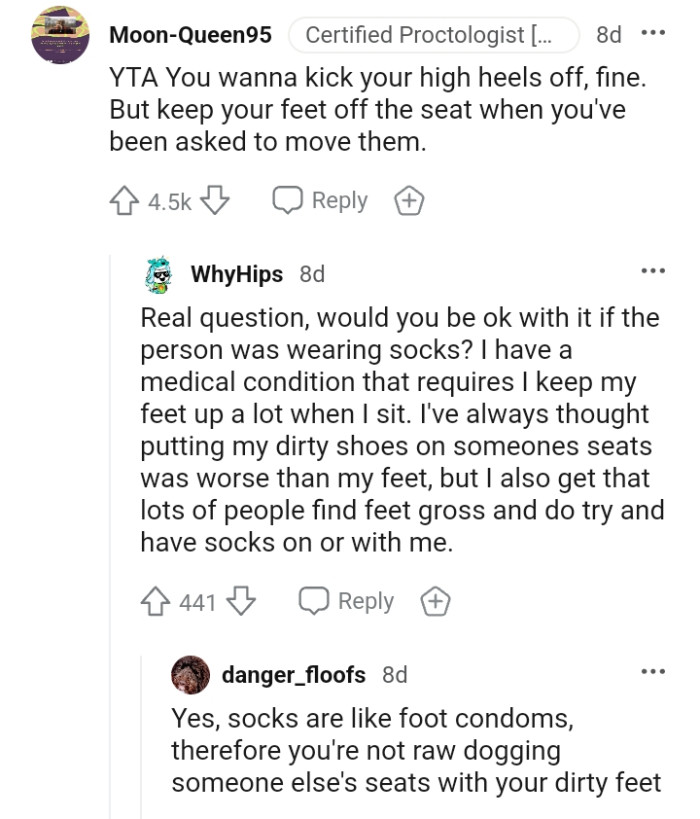 The OP should keep her feet off the chair if she's told to