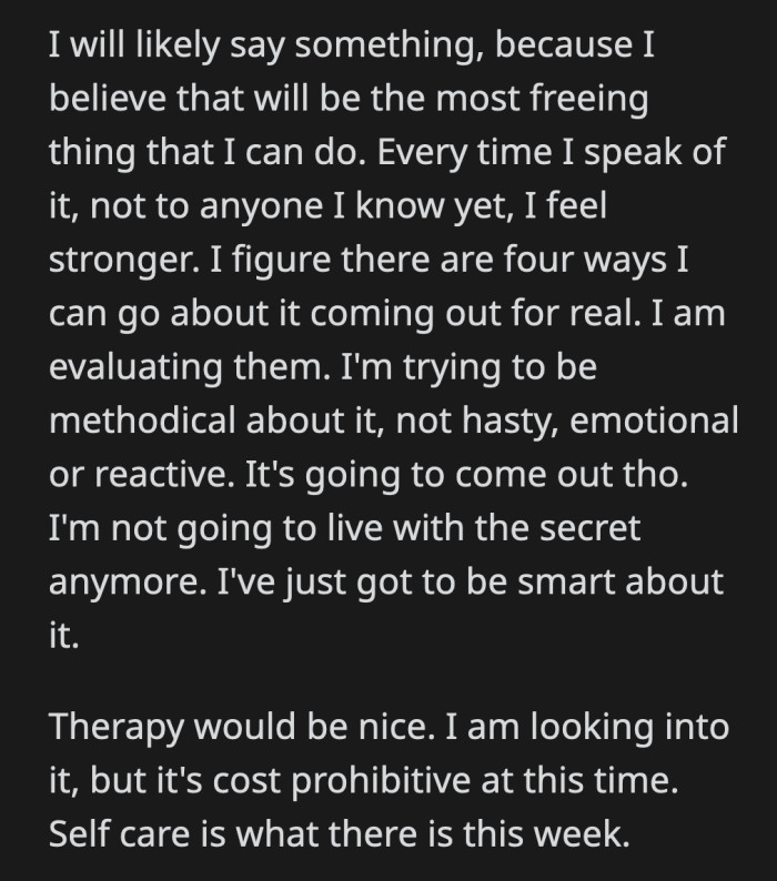 OP said she will be exposing Jack for what he did. However, therapy isn't an option for her at the moment.