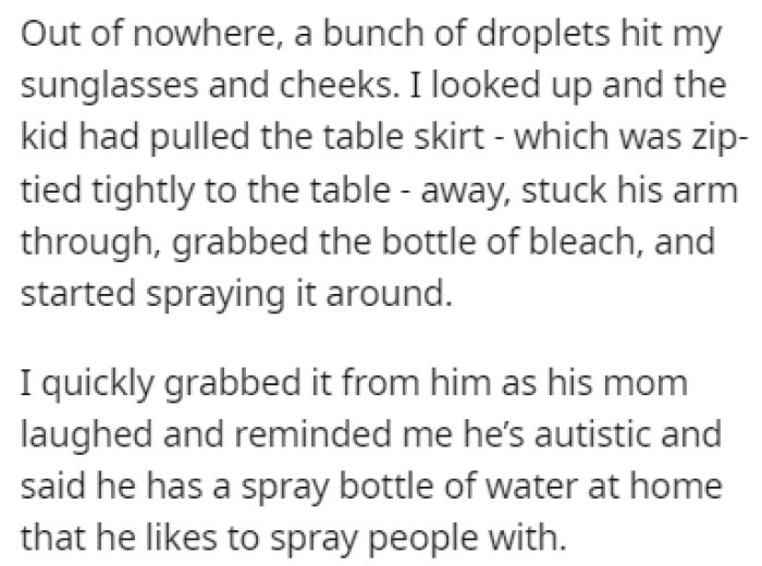The boy still managed to get to the bottle of diluted bleach and he started spraying it around