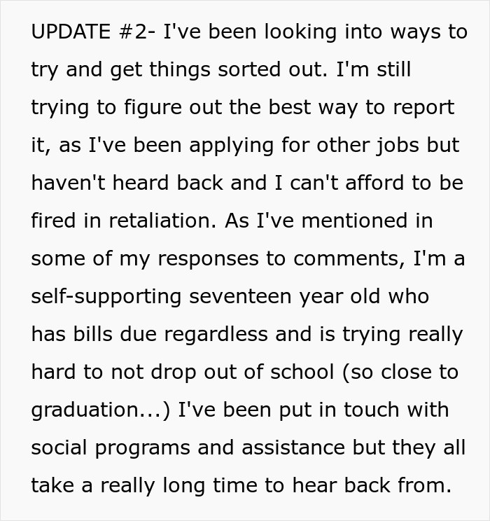 She also mentioned that she is desperately looking for another job and wants to report her situation to the authorities.