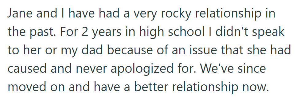 Jane and OP had a rocky relationship in high school but reconciled afterward.
