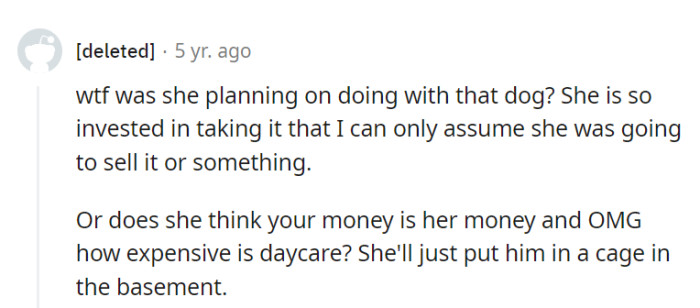 Her dog-related schemes seem like a mystery thriller plot. As for daycare costs, it's better to keep the pup in daycare than a basement cage!
