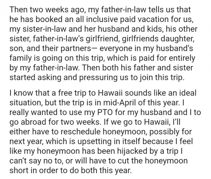 Everyone in the OP's husband’s family is going on this trip, which is already paid for