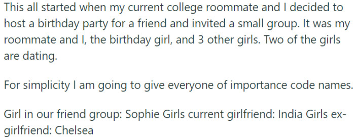 The story revolves around a birthday party organized by OP and her college roommate.