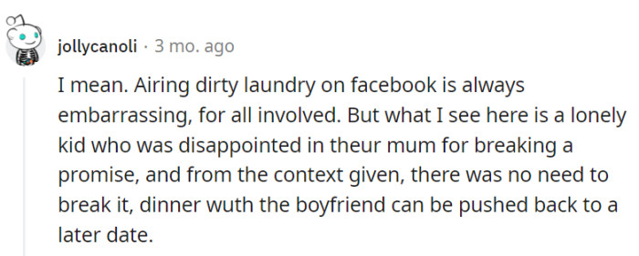 Airing laundry on Facebook isn't classy, yet it's a lonely kid disappointed by an avoidable promise breach.