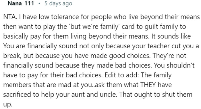 Resentment towards family members who expect financial support despite living beyond their means is understandable