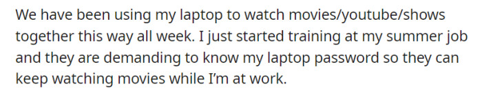 Engaging in collective laptop entertainment over the week, OP finds their circumstances altered upon beginning summer job training, with colleagues persistently requesting the laptop password to continue their viewing during work hours.