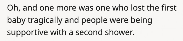 if it wasn't actually because of greed or OP's sister didn't throw a baby shower for each baby.