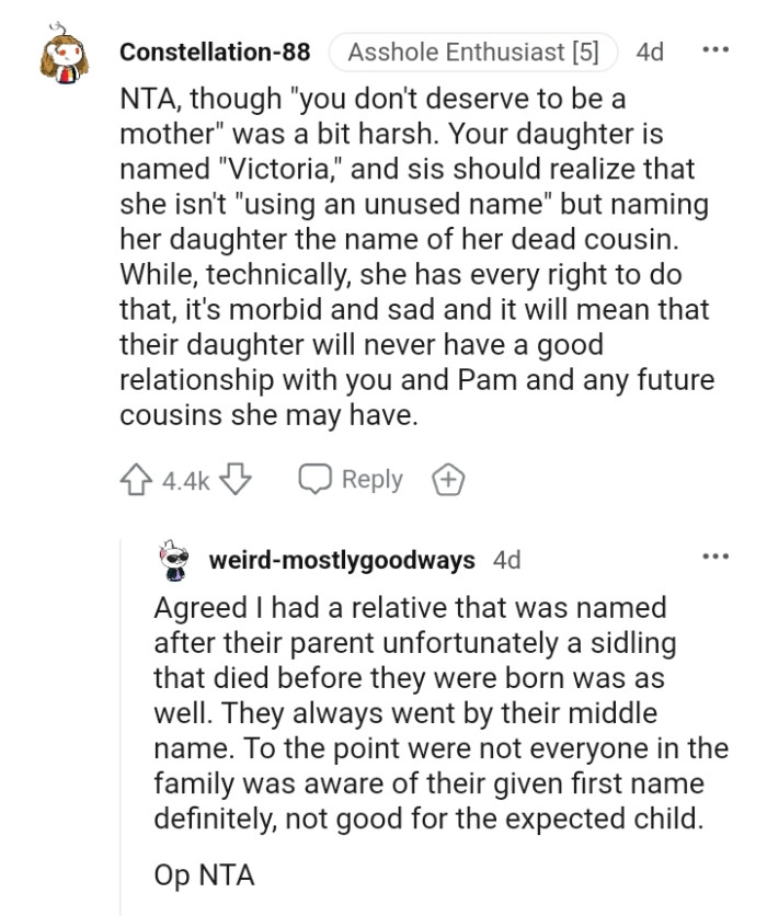 This Redditor believes the OP's sister has every right to use the name.