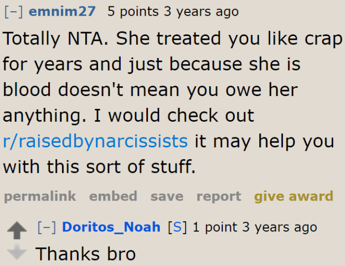 A concerned user suggested a subreddit that might help the OP deal with his situation.