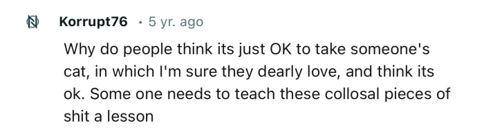 “Why do people think it's just OK to take someone's cat, which I'm sure they dearly love?”
