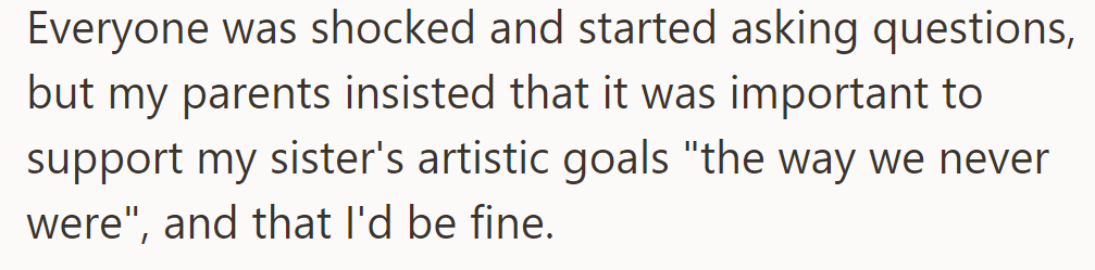 Parents emphasized supporting the sister's artistic goals over OP's concerns, assuring OP that she would be fine.