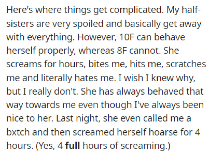 OP's Half-Sisters Are Spoiled and the Younger One Can't Stand OP