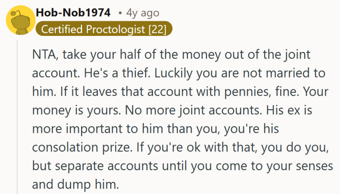 When a stranger on the internet is urging separate accounts, you know the situation looks rough from the outside.