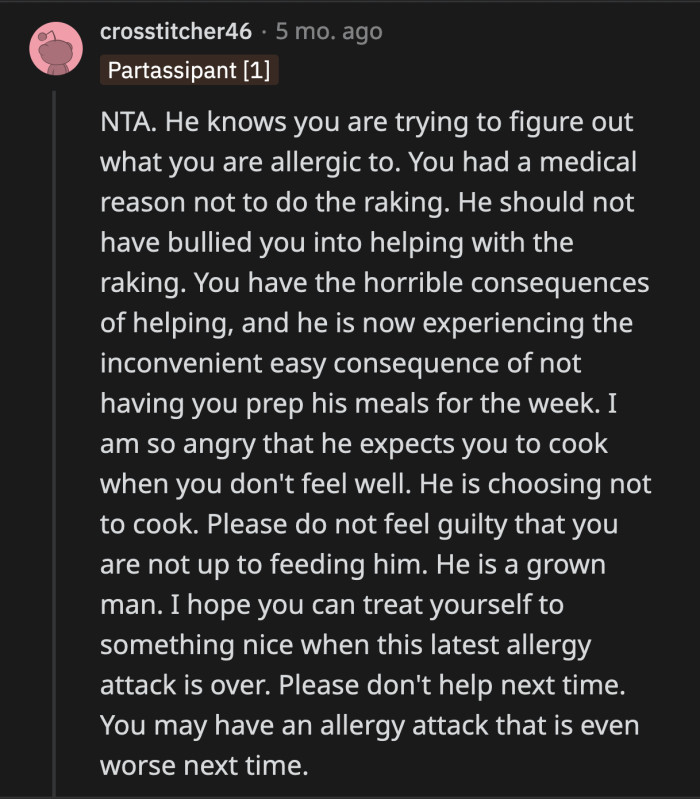 He didn't force OP's hands to touch grass and weeds, but he emotionally manipulated her into it. He knowingly put her health at risk.