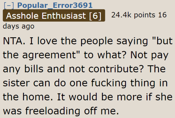 While it's true that it's the responsibility of a parent to look for a babysitter, Redditors feel that the OP's request wasn't unreasonable, considering that the younger sister isn't contributing anything to this home.