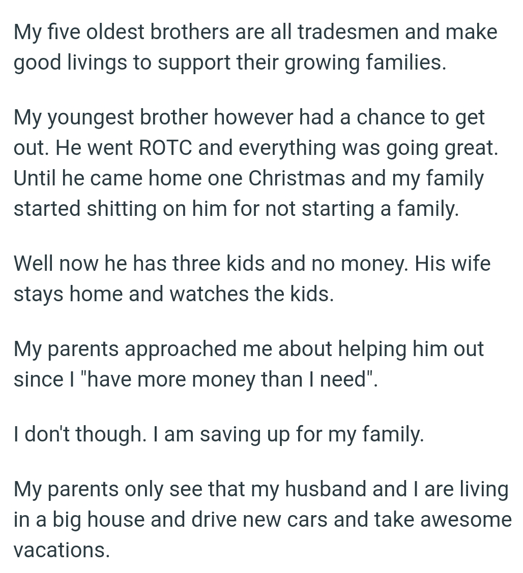 OP's younger brother came home one Christmas and the family started asking why he doesn't have his own family