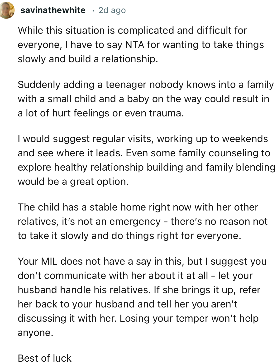 “While this situation is complicated and difficult for everyone, I have to say NTA for wanting to take things slowly and build a relationship.”