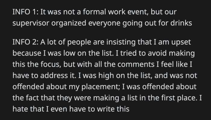 Some suggested that OP was upset because she was ranked low in the list