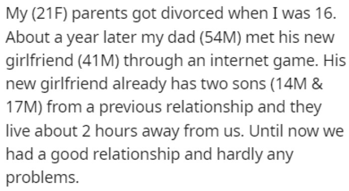 OP's parents got divorced when she was 16 years old, but her dad already got a new girlfriend a year later