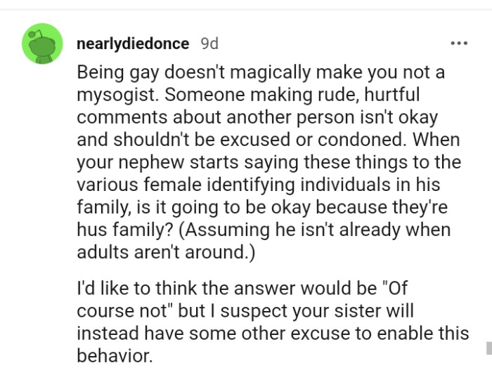 Someone making hurtful comments about another person isn't okay